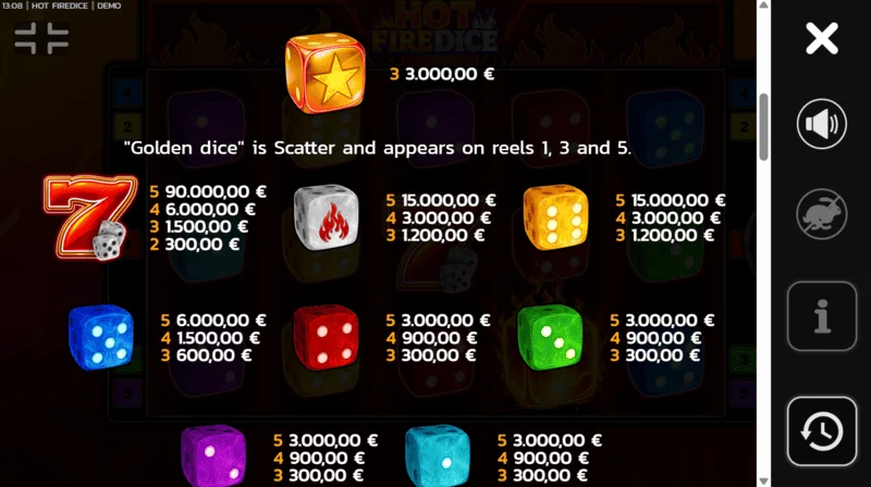 Hot Fire Dice - tabel pembayaran dengan Wild tambahan